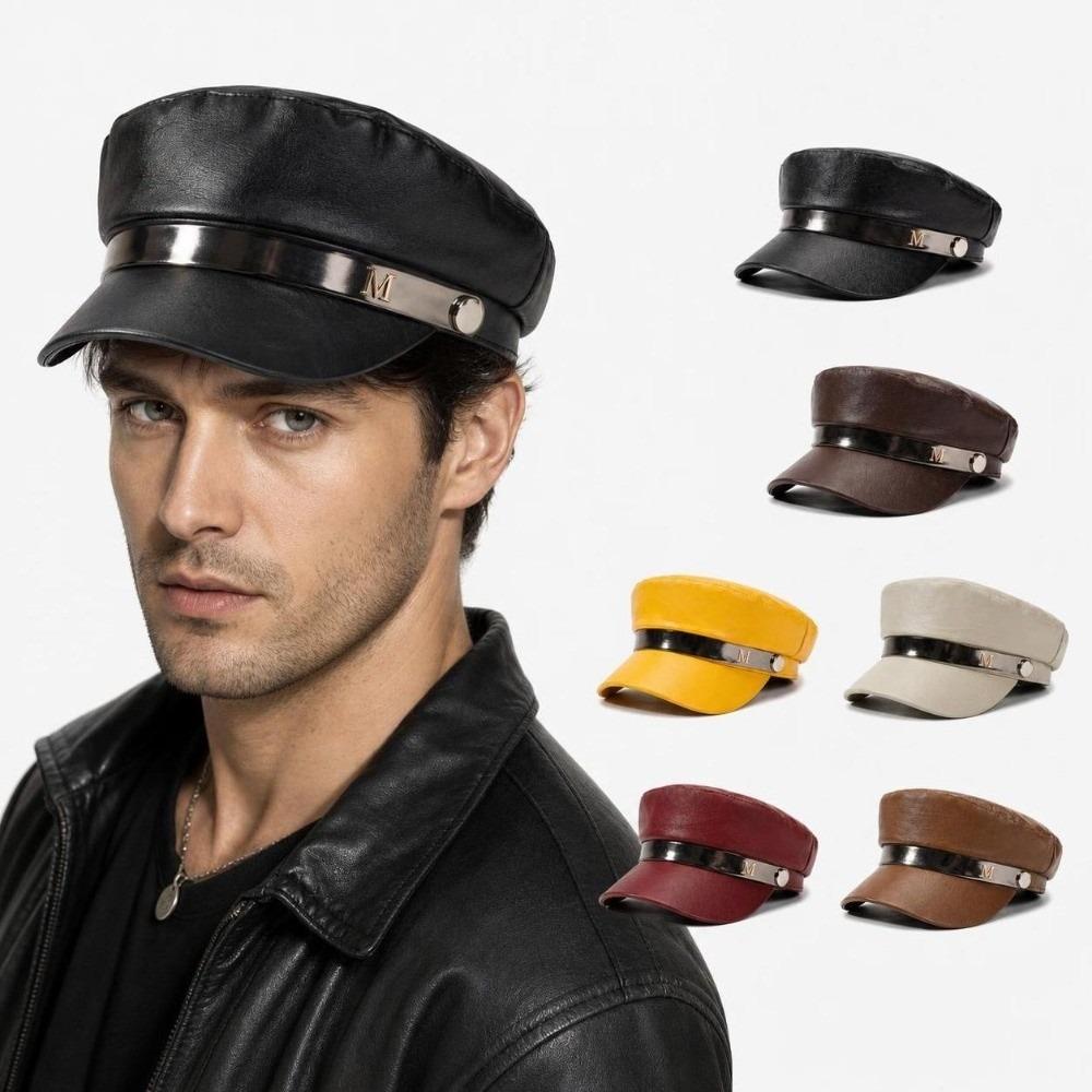 PU Leather Peaked Beret Hat M-Letter Metal Decor Flat Top Beret Hat  Autumn Winter Wear
