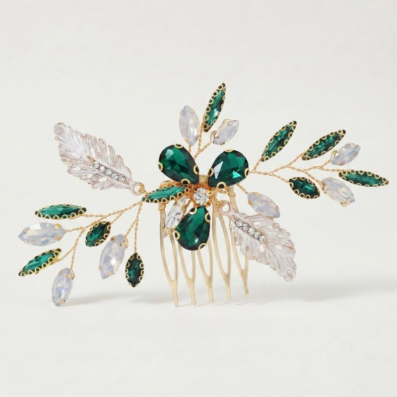 Elegant Green Crystal Leaf Hair Comb Wedding Birthday Party Office Wear Handmade Luxury Accessory