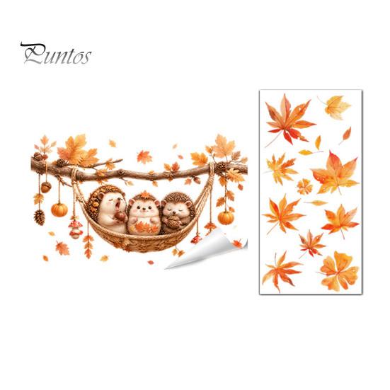 Seasonal Window Films 2Pcs Fall Maple Leaves Animals Static Stickers, Autumn Squirrel/Hedgehog/Rabbit/Raccoon Glass Removable Decor PVC Waterproof