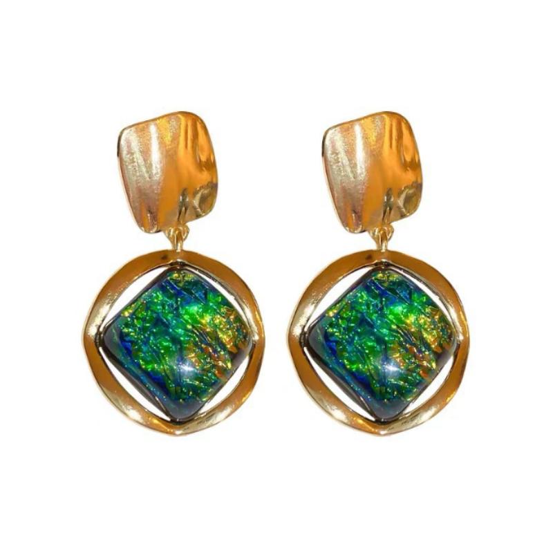 Retro Trend Gradient Green Color Geometric Pendant Earrings, Women's Personalized Ethnic Style Holiday Accessories Zircon