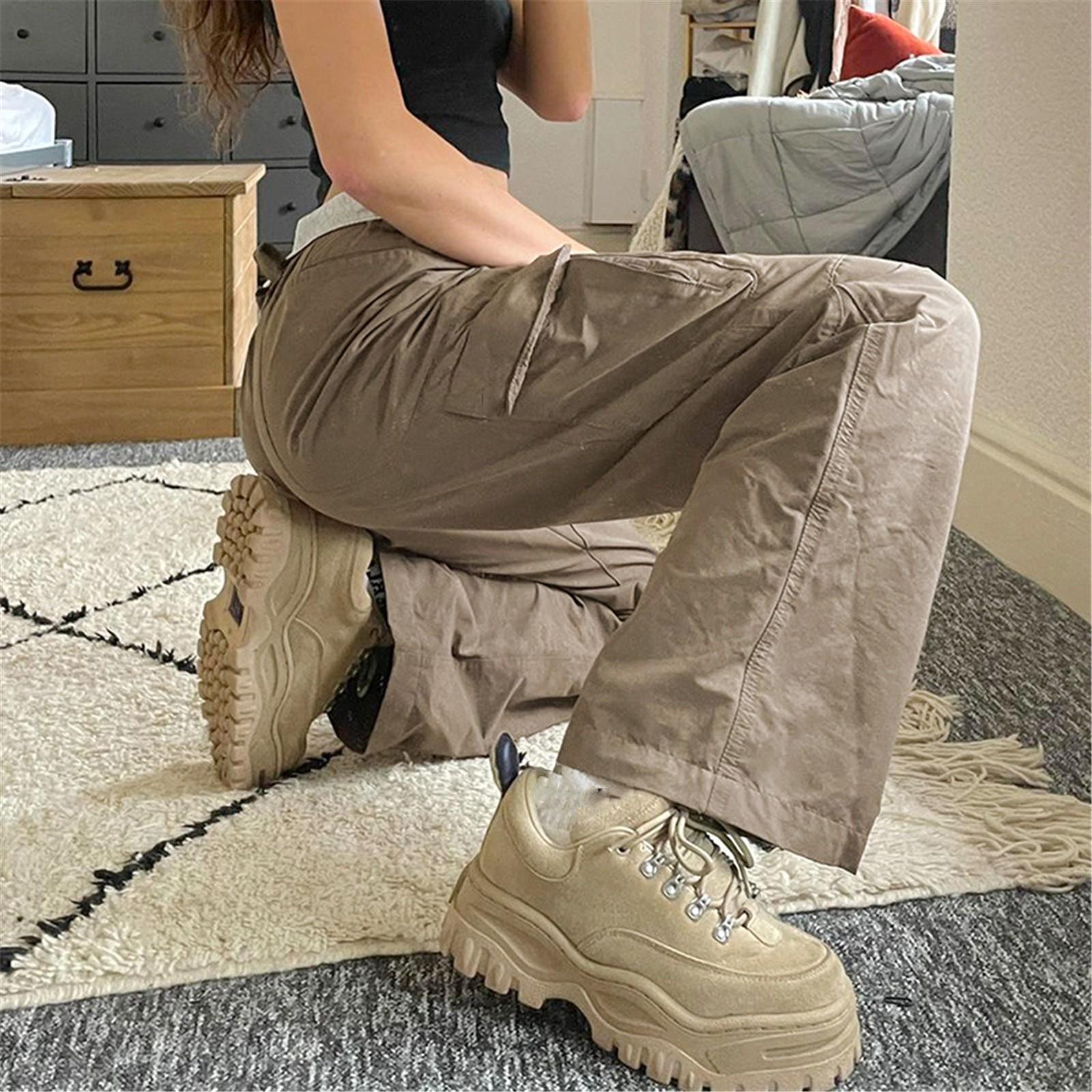 

Женские однотонные спортивные брюки-карго в стиле хип-хоп, повседневные широкие брюки на молнии с карманами S коричневый