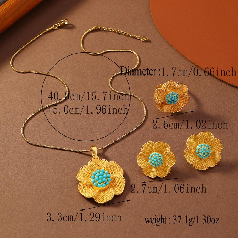 Meier Three-dimensional flower alloy pearl retro creative ring earrings necklace set