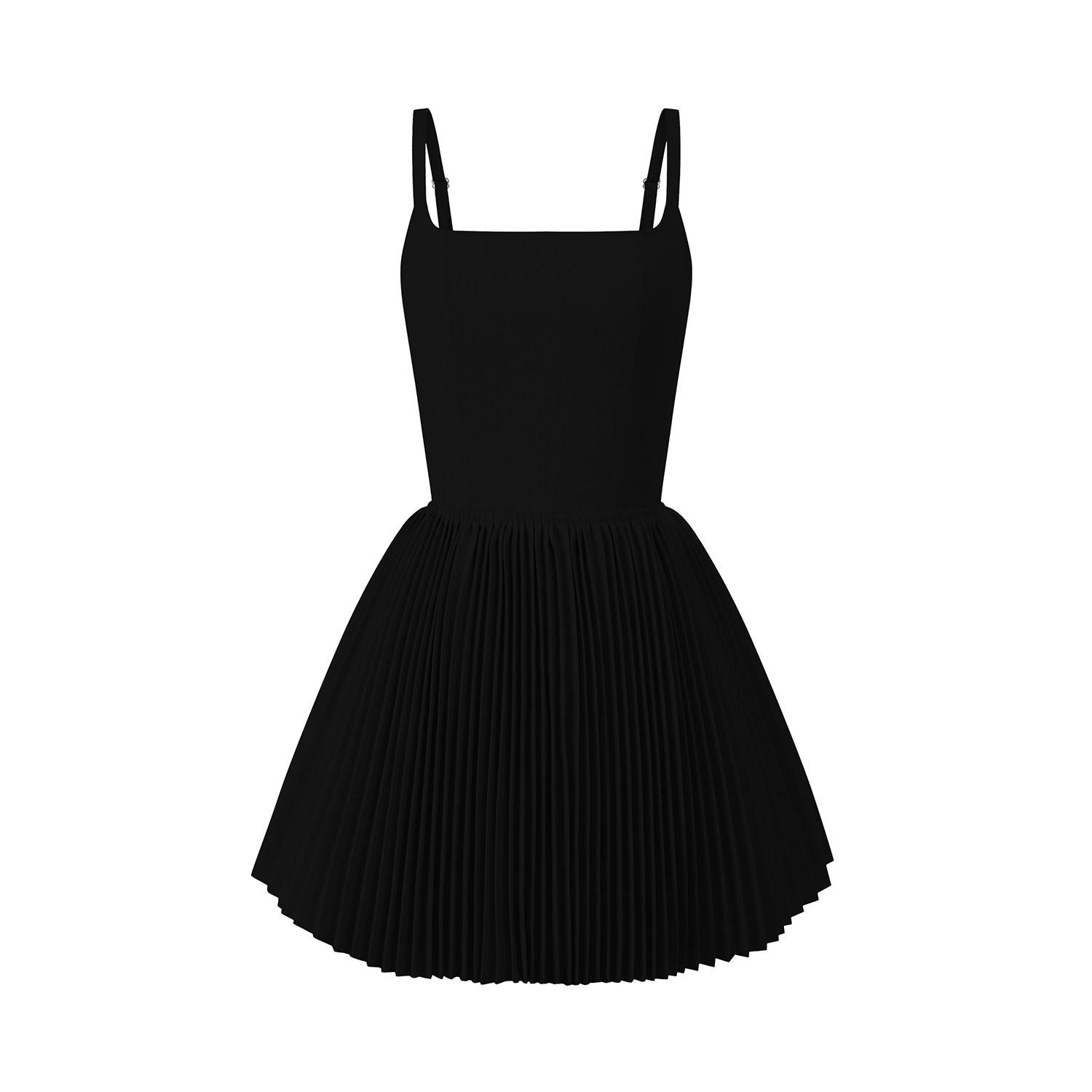 

Ballet Style Spaghetti Strap Summer Dress: Waist-Cinched, Slimming, Backless, Pleated A-line Mini Skirt for Women XS чорний