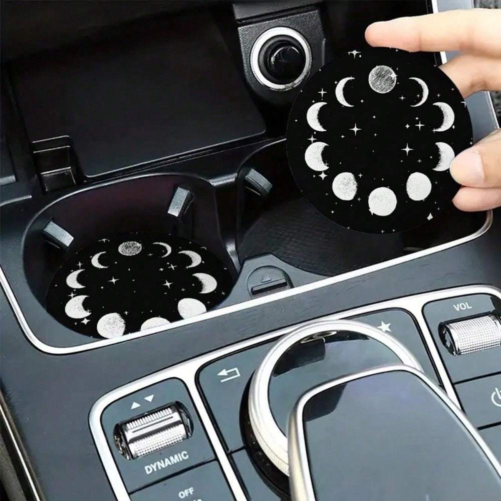 Sky Moon Star Car Coasters, Black And White Round Shape Table Cup Coaster, Non-Slip Washable Coaster, Unique Gift