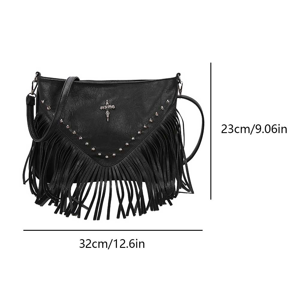Women PU Fashionable Crossbody Bag Large Capacity Rivet Fringe Tassel Bag Adjustable Strap Tassel Hobo Bag for Party Vacation