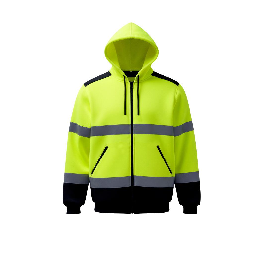 High-Visibility Reflective Hooded Jacket with Fluorescent Panels for Night Safety