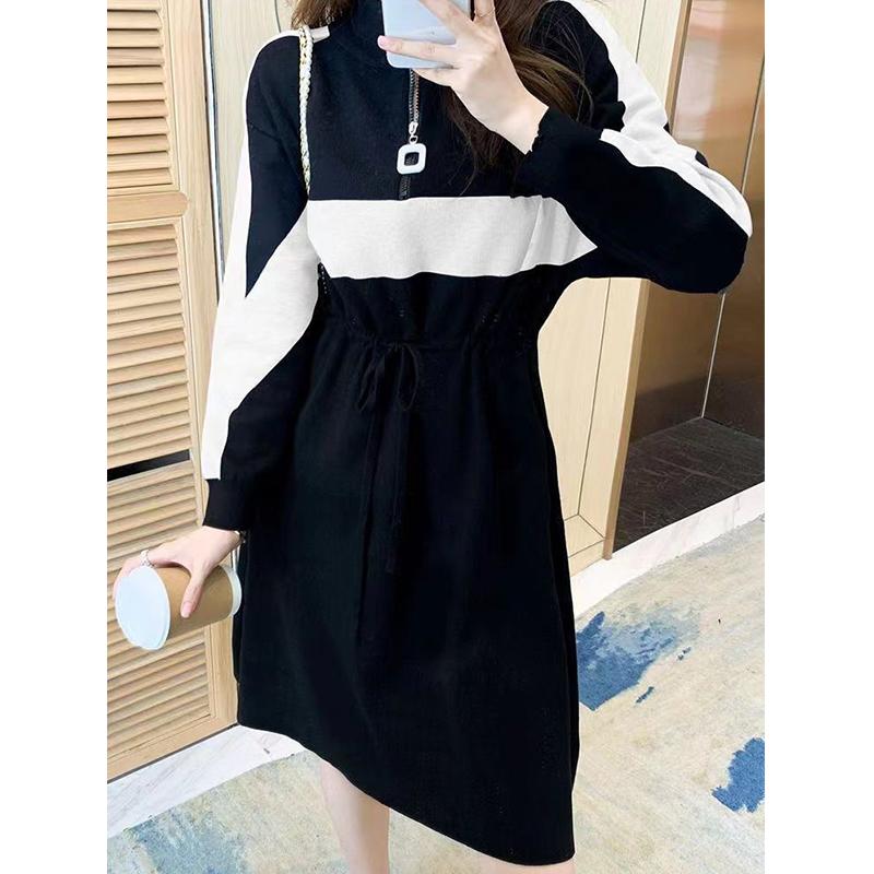 Autumn Lapel Loose Casual Patchwork Sweatshirt Dress Ladies Long Sleeve Lace Up Waist Zipper Robe Vestidos Women Dresses