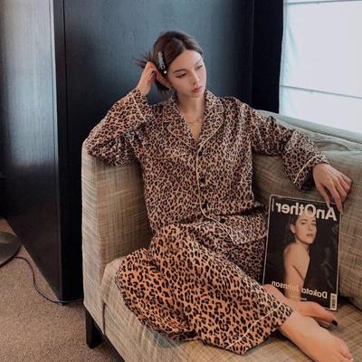 Bayan Moda Leopar Desenli Pijama Rahat Bahar Uzun Kollu Avrupa Amerika Birleşik Devletleri Seksi Pijama Ev Giyim Takım Yumuşak
