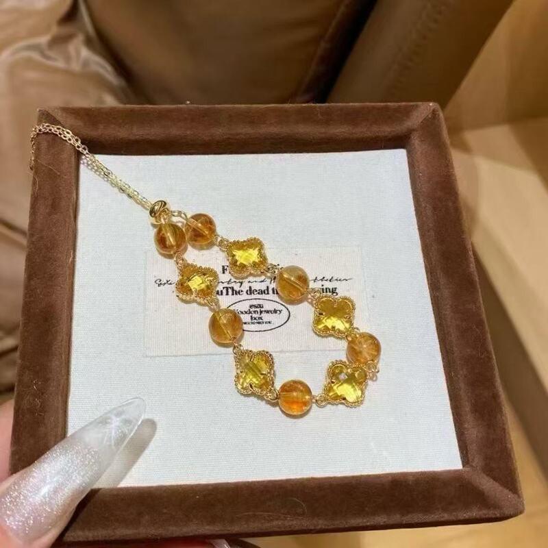 Natural Amethyst Citrine Clear Quartz Rose Four Leaf Clover Charm Bracelet Women 2025 Floral Style