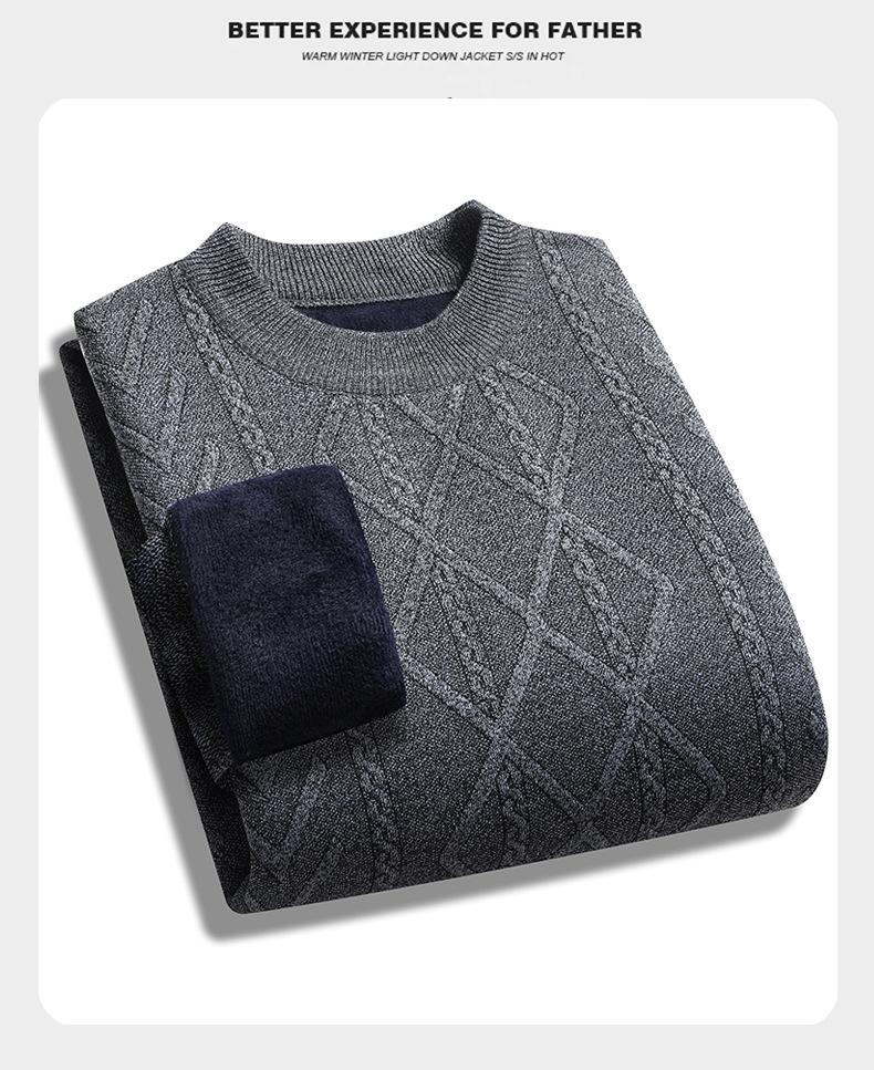 Men's Autumn/Winter Fleece-Lined Sweater for Middle-Aged & Elderly - Warm, Thick, Round Neck Design