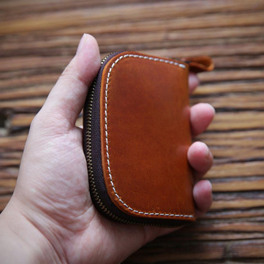 Genuine Leather Key Wallet for Unisex Vintage Handmade Short Zipper Car Holder Bag Card Case Organizer Housekeeper