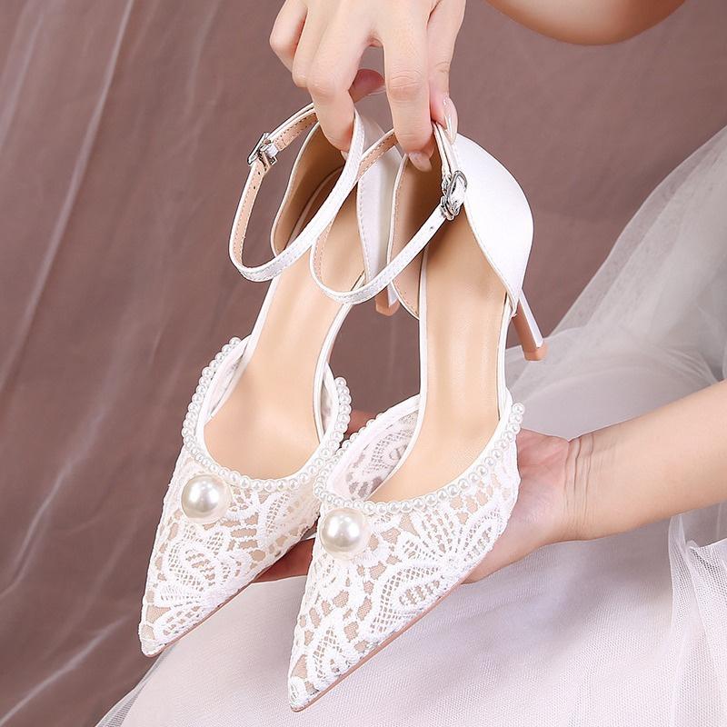 White flower lace crystal open toe sandals for women, pointed wedding shoes, fashionable party casual high-heeled sandals