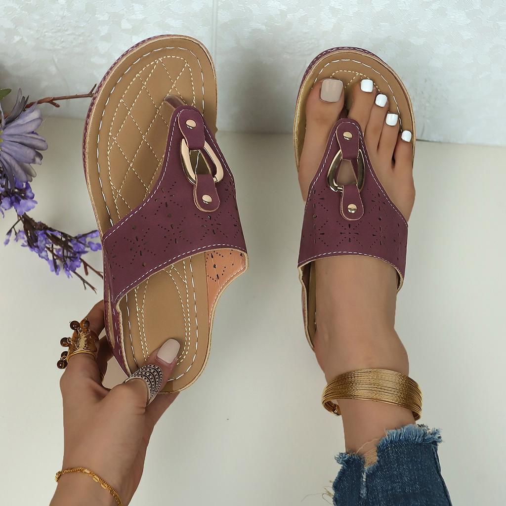 Spot Large Size Foreign Trade Slippers Women's 2025 Summer New Hollow Metal Buckle Toe Wedge Heel Women's Slippers