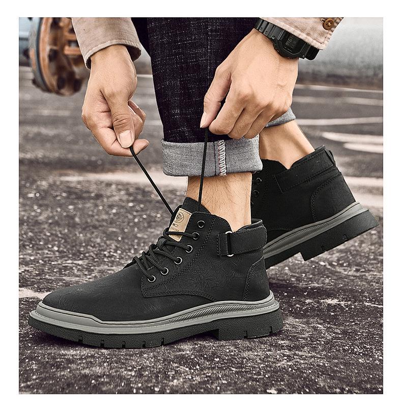 Men's High-Top Lace-Up Leather Work Boots - Autumn/Winter Casual Short Boots