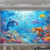 Sfondo per festa subacquea 2D con tema vita marina con delfini squali tartarughe marine pesci tropicali e coralli