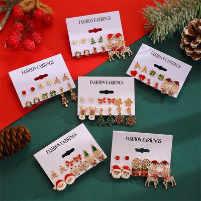 6 Pairs/lot Christmas Series Earrings for Women Girl Xmas Tree Elk Snowman Santa Claus Cute Stud Earrings Party Jewelry Gifts