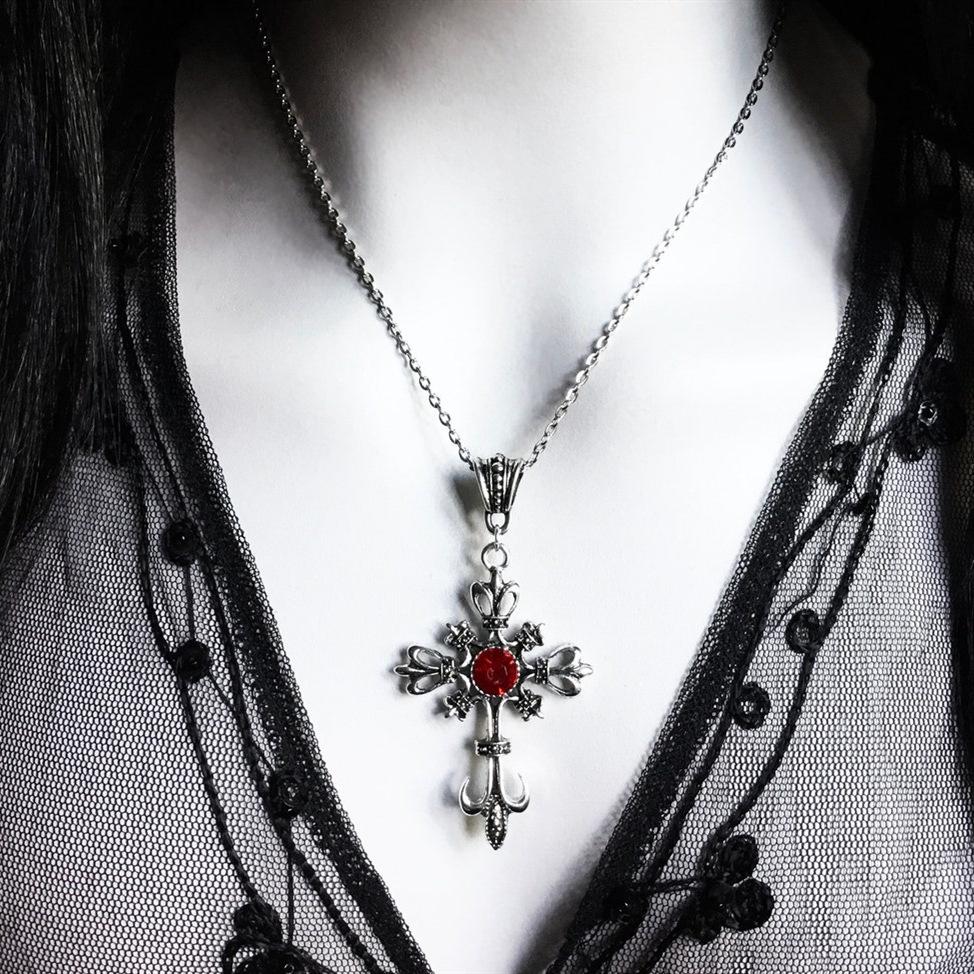 European & American Retro Ruby Cross Gothic Dark Fashion Necklace