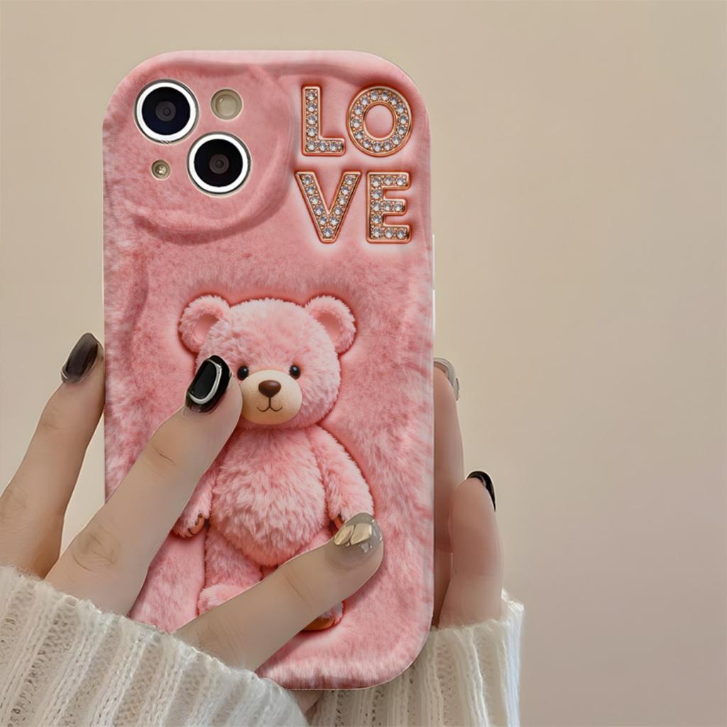 Cute Pink Teddy Bear & Love Pattern Phone Case For Samsung Galaxy S26 Ultra S25 S24 S23 S22 S21 S20 Plus A56 A54 A53 A16 Cover