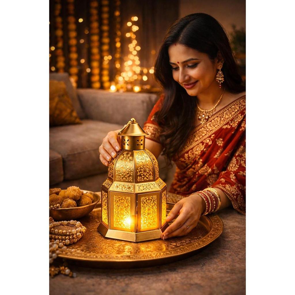 Gold Metal Moroccan Lantern with Cutwork (25 cm) + Tealight Included | Hanging Decorative