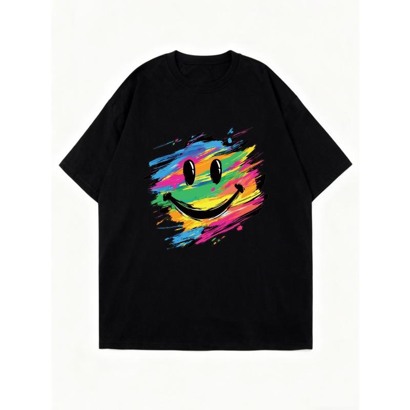 Oversized T Shirt Black Rainbow Smile Face Print Casual Wear For Women Summer Streetwear Fashion Top