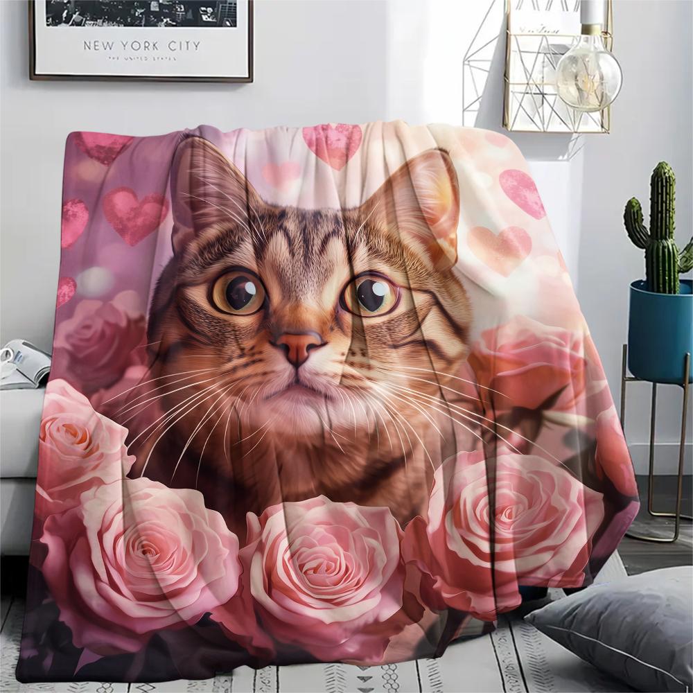 

American Shorthair and Roses,pattern Flannel Blanket, High quality Comfortable for All Seasons, Home Decor, Warmth and Comfort, Perfect for Gifts. 80cm x 120cm