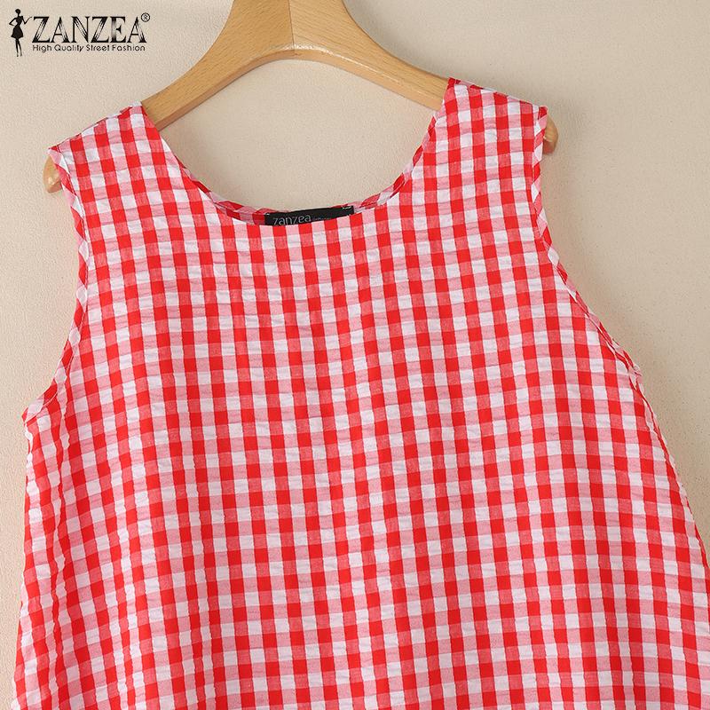 ZANZEA Women Square Collar Summer Loose Casual Sleeveless Plaid Print Dress