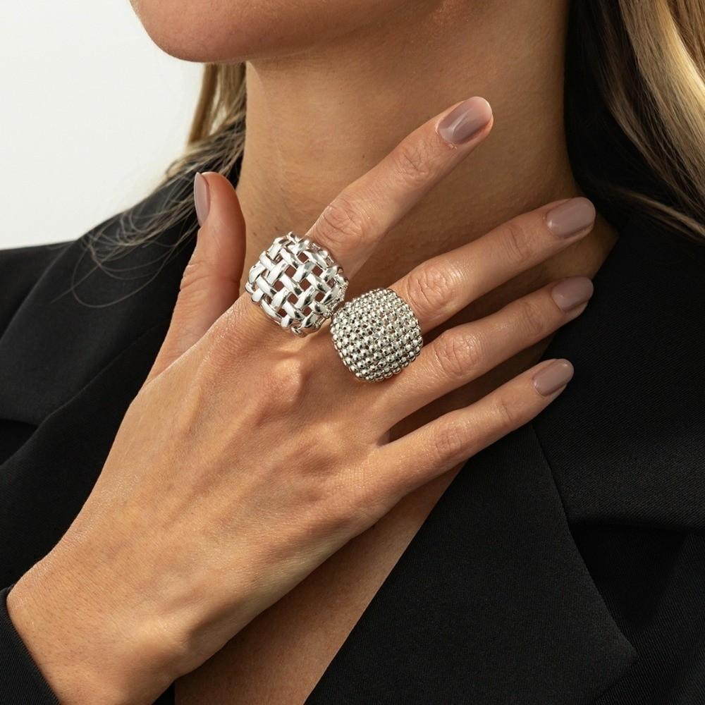 Adjustable Metal Weave Hollow Rings Chunky Design 2 Pcs/Set Geometric Rings Party Accessories