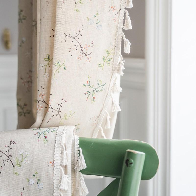 American Style Cotton Linen Printed Beige Floral Tassel Window Curtain Semi-shading Drapes Living Room Bedroom Kitchen Drapes