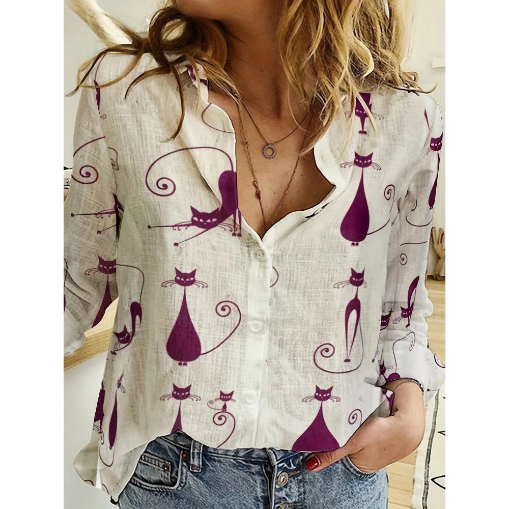 Women's Shirt Spring Fashion Clashing Color Patchwork Shirt Tops Blouse Temperament Sense Long Sleeve Cat Print Shirts