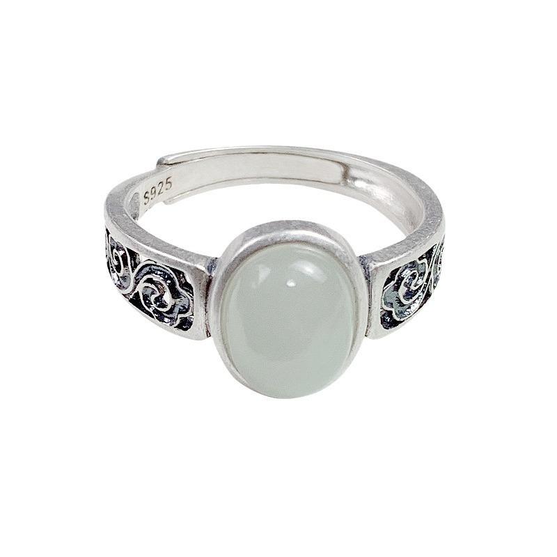 Eleganter durchbrochener Ring aus 925er Sterlingsilber mit Hetian-Jaspis-Cabochon für Damen und Herren - Heller Oberflächen-Zeigefingerring