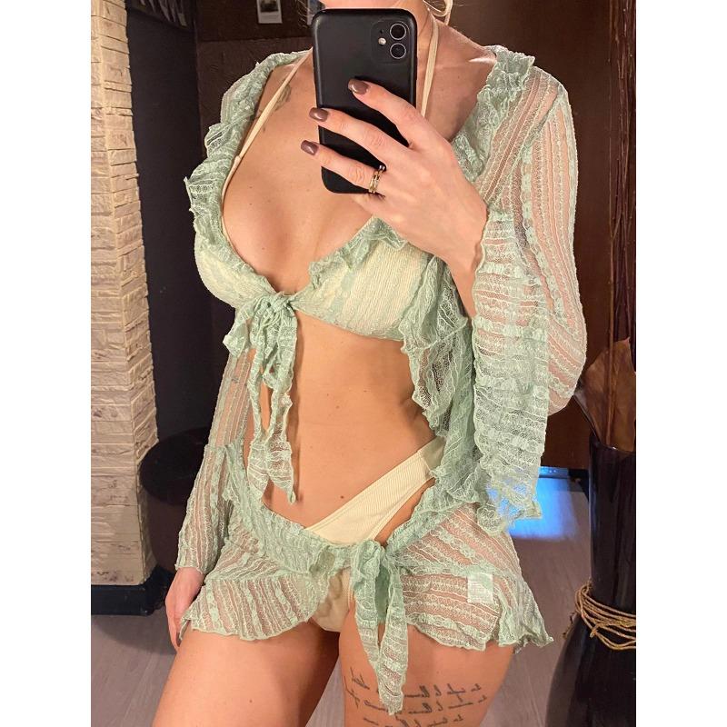 4PCS Halter With Sarong Long Sleeve Bikini Female Swimsuit Women Swimwear Four-pieces Bikini Set Bather Bathing Suit Swim V6338B