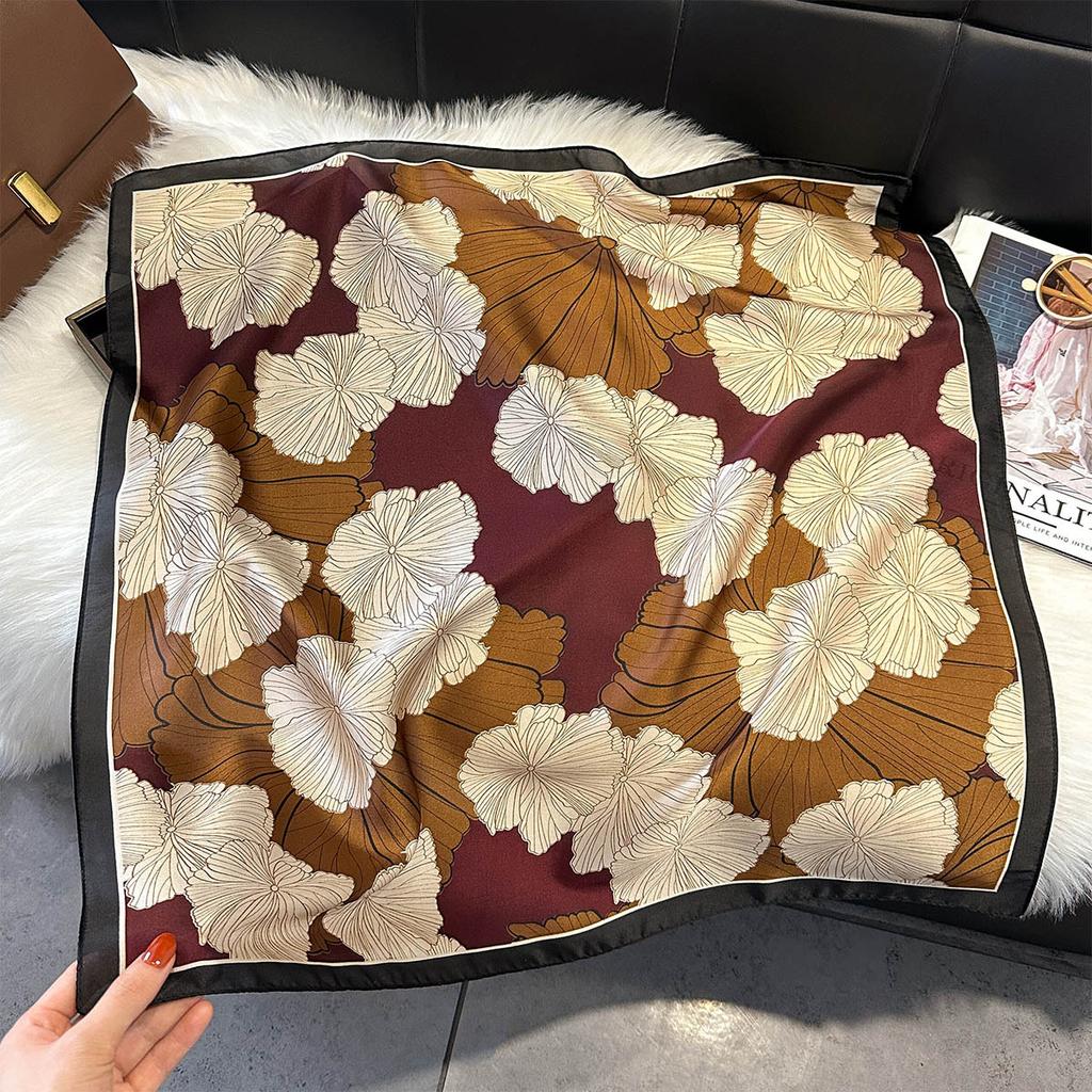 Fashion Maple Leaf Printed Designer 70Cm Square Silk Women's Scarf Satin Scarves Shawl Headband Bandana Hijab Wrap