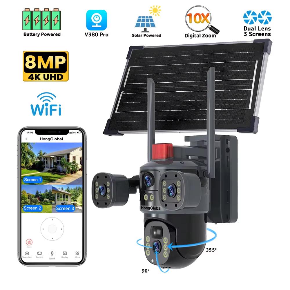 

New 8MP Multi-Lens 3 Screen CCTV Camera Solar 4G WIFI Wireless Solar Panel Powered Surveillance PTZ Camera Waterproof Outdoor V380Pro WiFi Cam