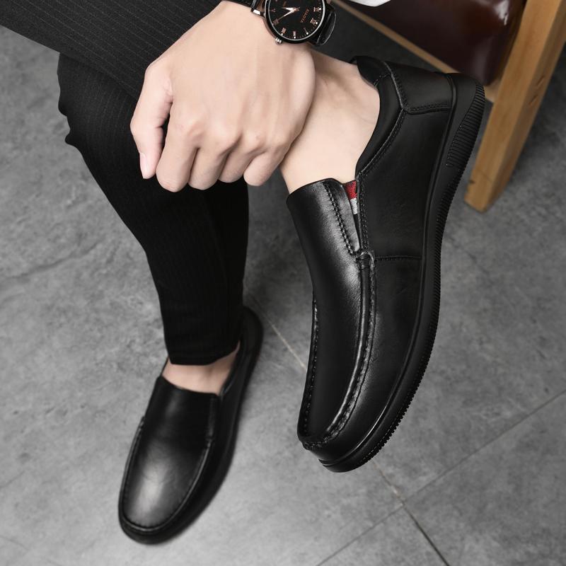 Men's Casual Leather Walking Shoes Business Non-slip Soft Bottom Work Loafers Round Head Flat Bottom Footwear Outdoor Sneakers