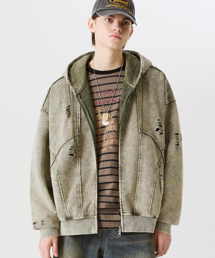 Felpa con zip oversized effetto distressed pigmentato Trillion [Kaki Chiaro]