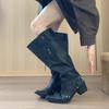Retro Belt Buckle Tall Boots Autumn New Pointed Toe Sleeve Non-Slip Wear-Resistant Block Heel Shoes
