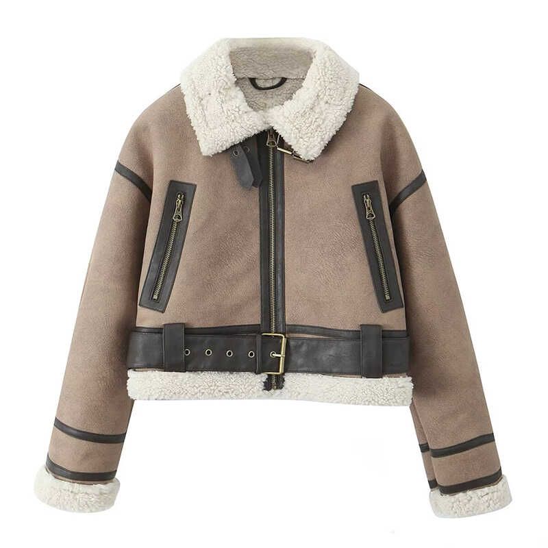 

California American Kendall Retro Gyaru Fur Integrated Lamb Wool Lapel Motorcycle Clothing Thickened Warm Outerwear Mocha Brown L