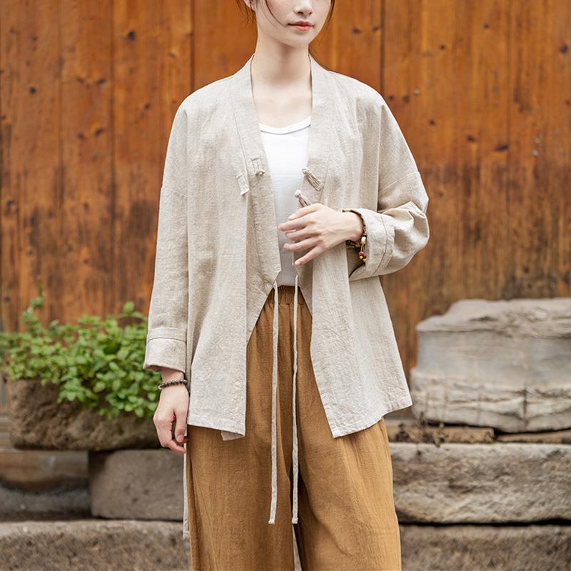 Ramie Sand-Washed Zen Style Hanfu Top – Women's Spring Edition, Cross-Collar, New Chinese Tea Art Design