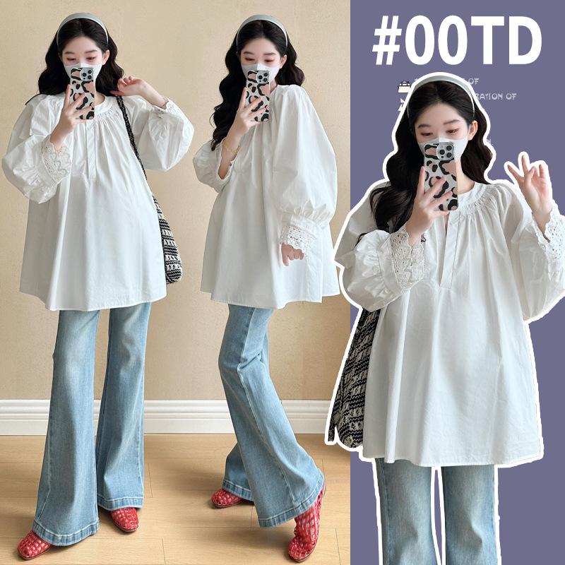 

2026 Spring Fashion: Korean Style Maternity A-Line Long Sleeve Doll Shirt, Loose Fit for Belly Coverage M білий