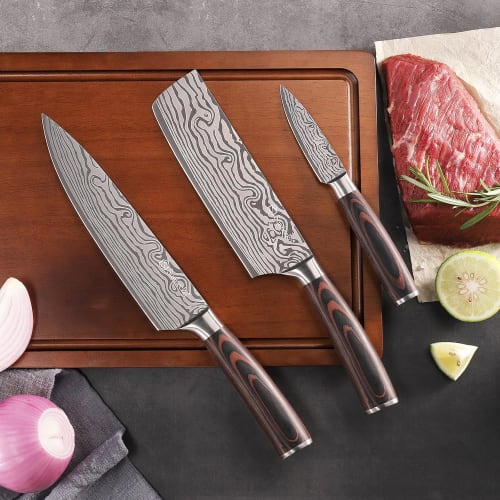 Sunnecko 3-Piece Kitchen Knife Set: Chef's Knife, Vegetable Knife, and Paring Knife. Made with High-Carbon Stainless Steel and Damascus Pattern with W
