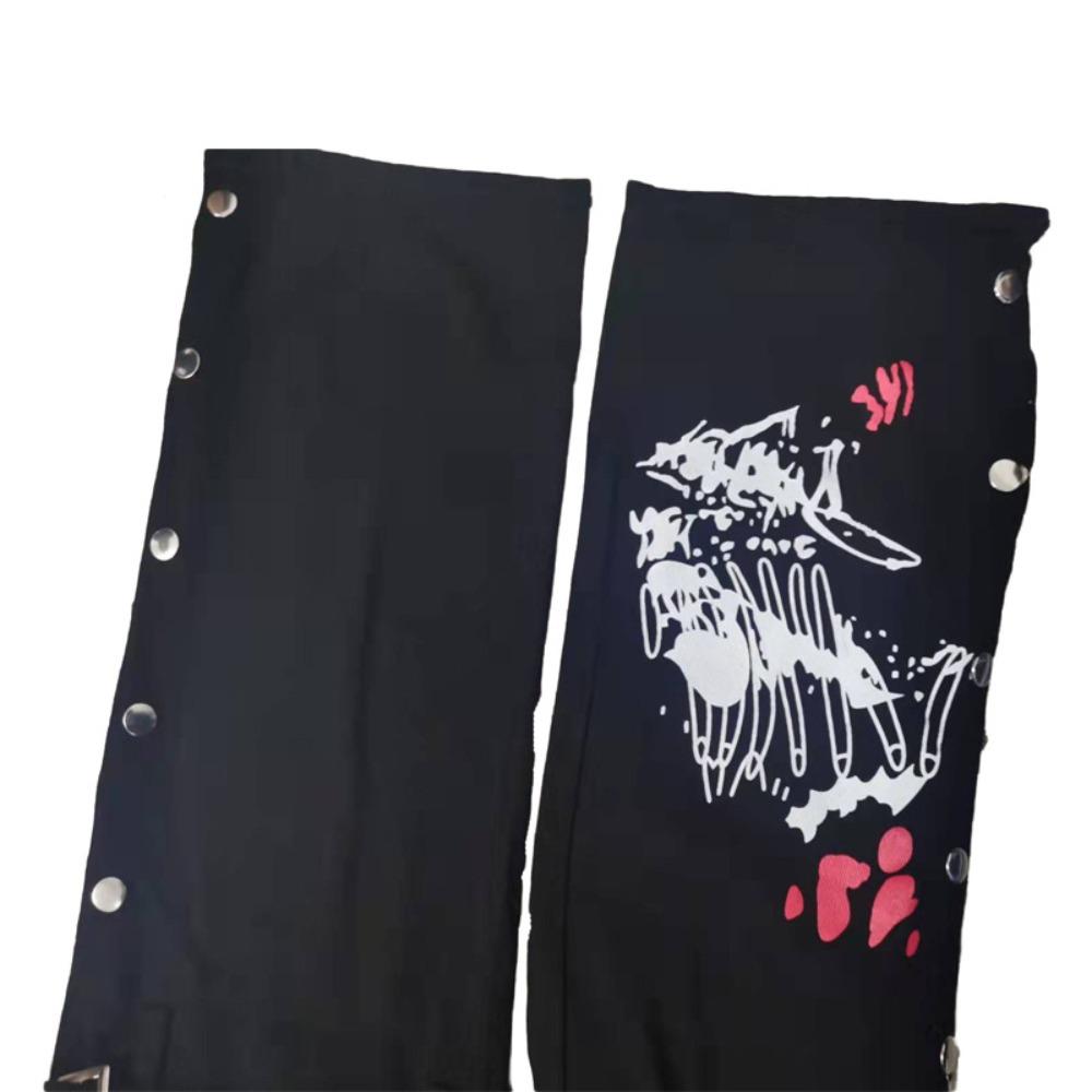 Women's High Waist Flare Jeans Loose Fit Skull Print Metal Strap Cargo Pocket Long Denim Trousers