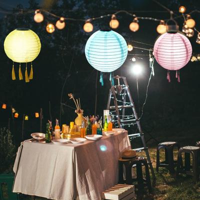Hanging Solar Lantern Outdoor Round Chinese Style Lantern with 4 Tassels Solar LED Light for Garden Patio Wedding Party Decoration