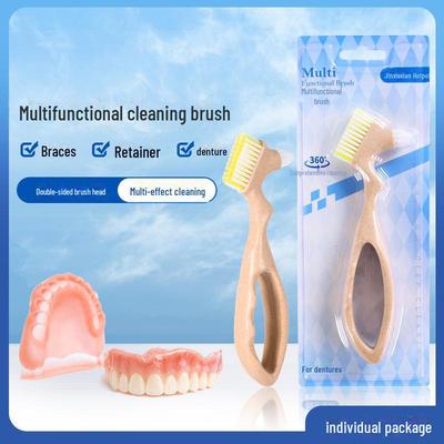 Spazzolino per dentiera a doppia testina, setole dure per pulizia profonda, materiali ecologici biodegradabili, spedizione gratuita