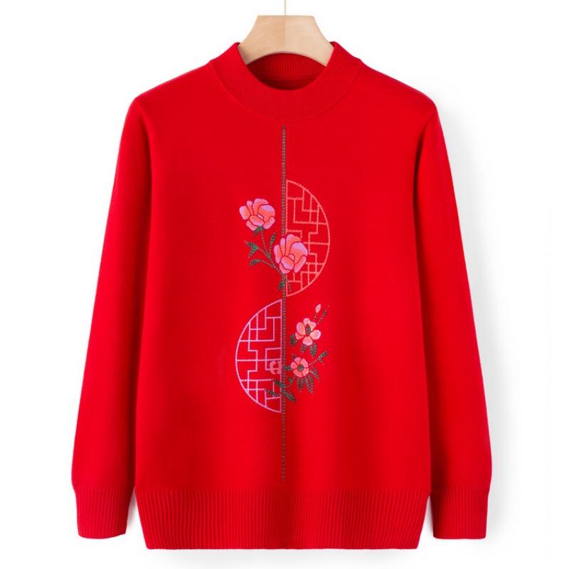 Mom Autumn Knitted Sweater Top Medium and Old Autumn and Winter Crew Neck Bottoming Shirt Grandma Pullover Sweater Elderly Clothes