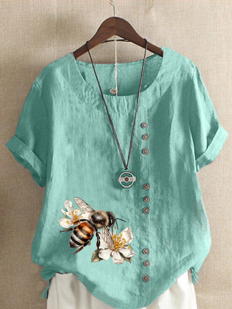 Women's Fashion Bee Flower Print Shot Sleeve T-shirt Loose Cotton Shirt Casual Loose Summer Blouse Tops Plus Size