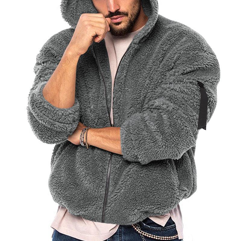 Spring, Autumn and Winter Men's Jacket Double-sided Arctic Velvet Hooded Solid Color Casual Zipper Jacket