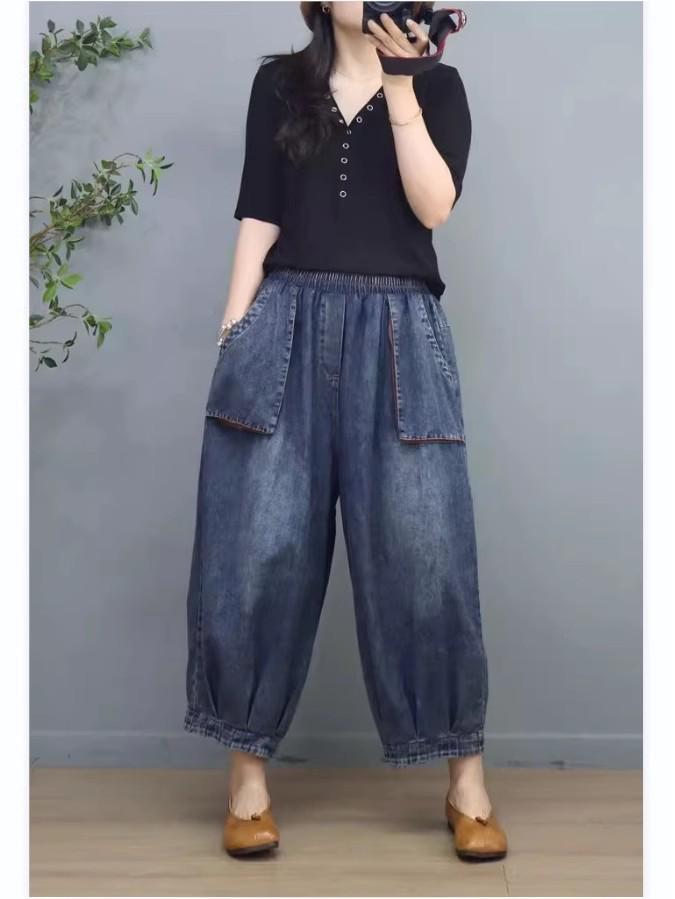 

In Stock: Women s Ethnic 3D Distressed Denim Harem Pants with Elastic Waist 2XL (Recommended 160-180 lbs) синій