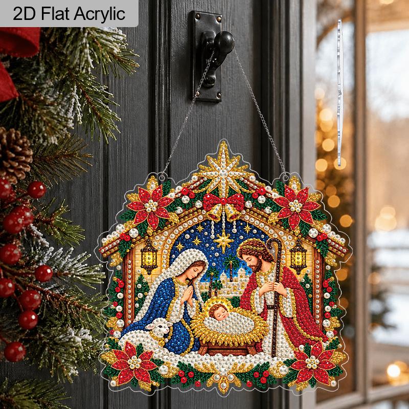 2D Flat Nativity Scene Pearl Diamond Painting Hanging Ornament, Mixed‑Sized Pearl Beads Craft Acrylic Hanging Kits, 9.72Inch/7.76Inch Two Sizes