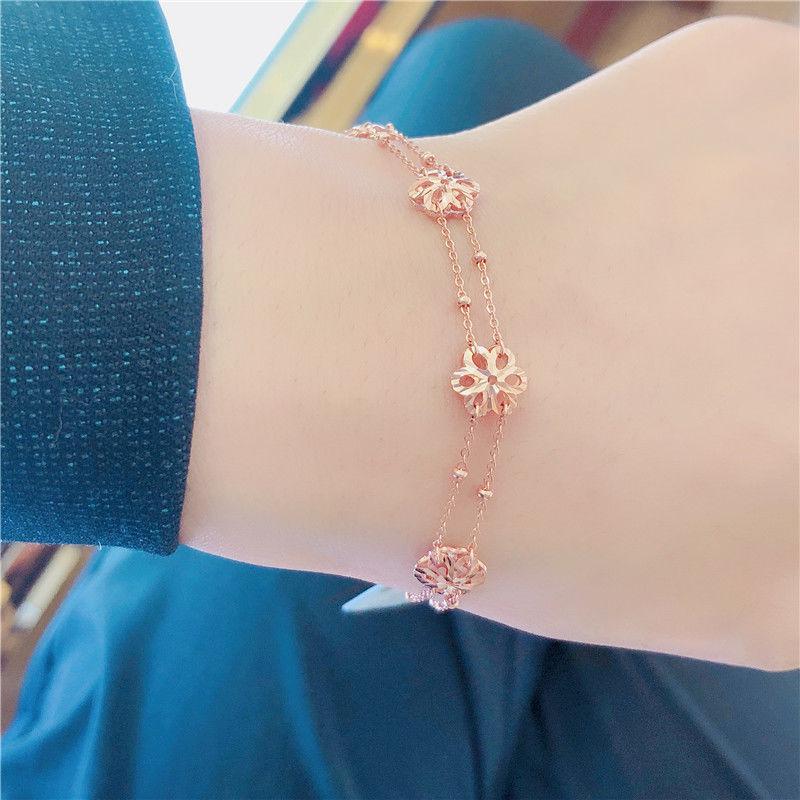 

585 Purple Gold Fashion Hollow Flower Bracelet Fashion Rose Gold Bead Plated Double Bracelet (17+3cm adjustment chain)