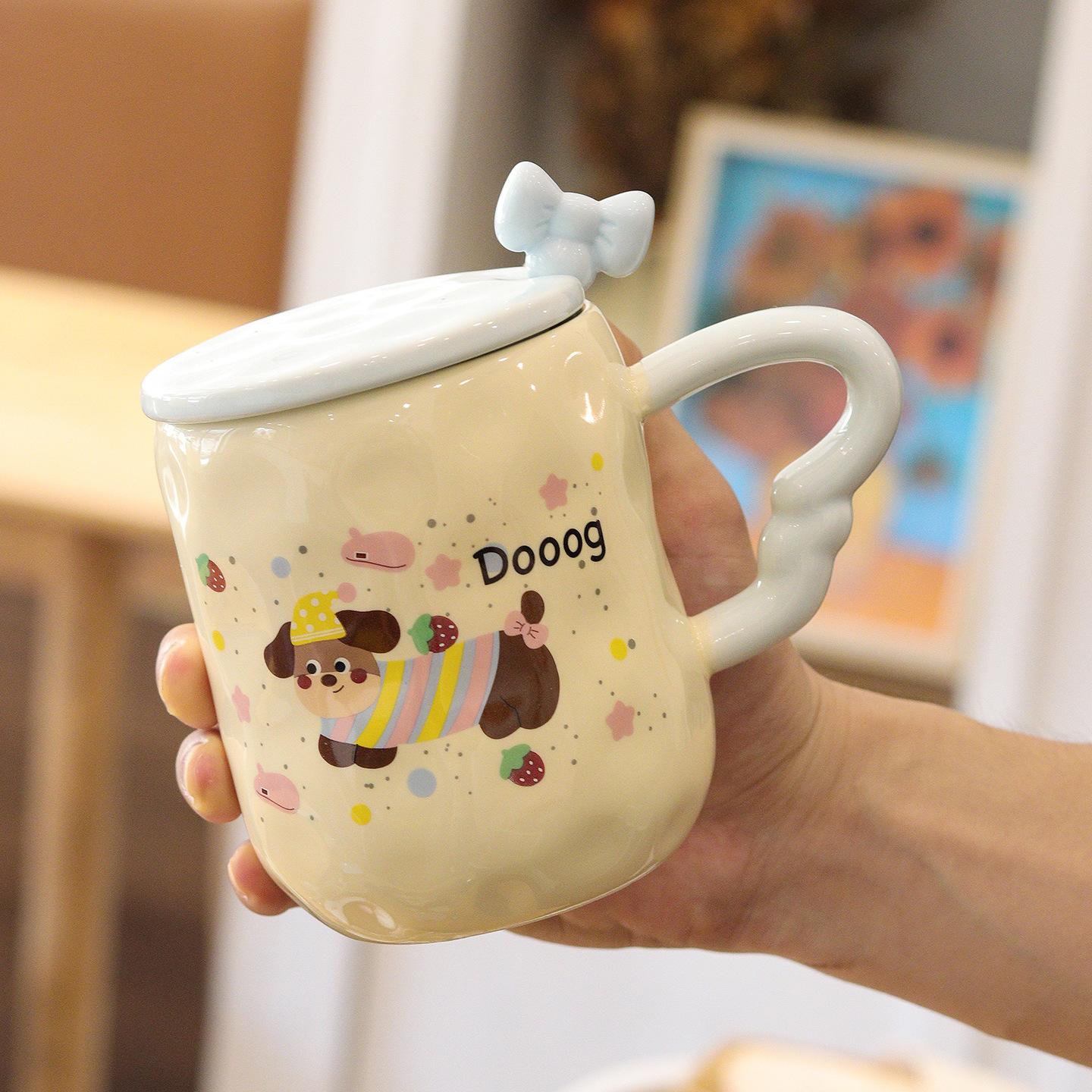 

Dachshund Ceramic Cup Lid Spoon Cute Cup High Looking Mug Breakfast Coffee Cup Gift Water Cup Souvenir 420ML.
